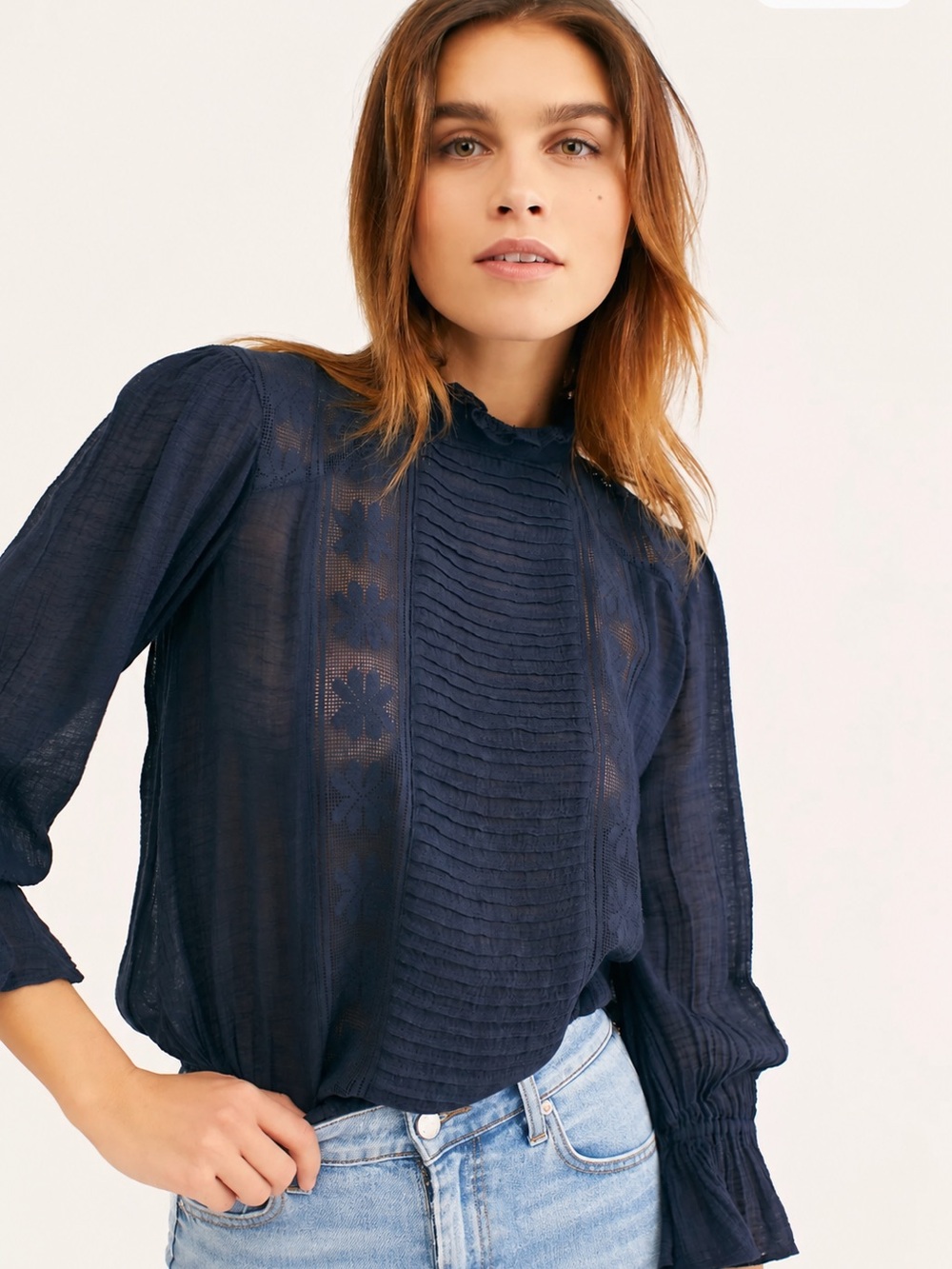 Free People Eyes On You Long Sleeve Top Blue Floral Blouse